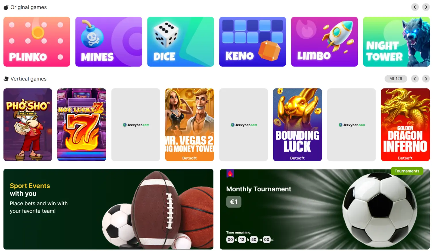 Jeevybet Casino Homepage